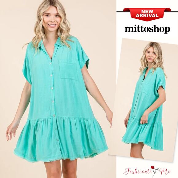 Mittoshop Linen Blend Button Down Pocket Chest Shirt Mini Dress | Tiffany Blue - Picture 1 of 6